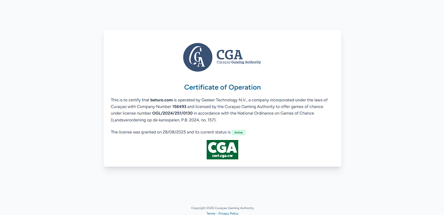 Beturo casino license certificate