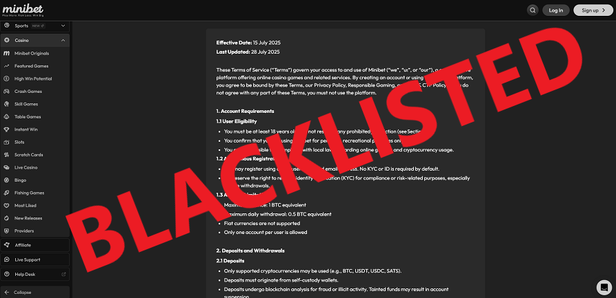 Minibet casino blacklisted unfair terms