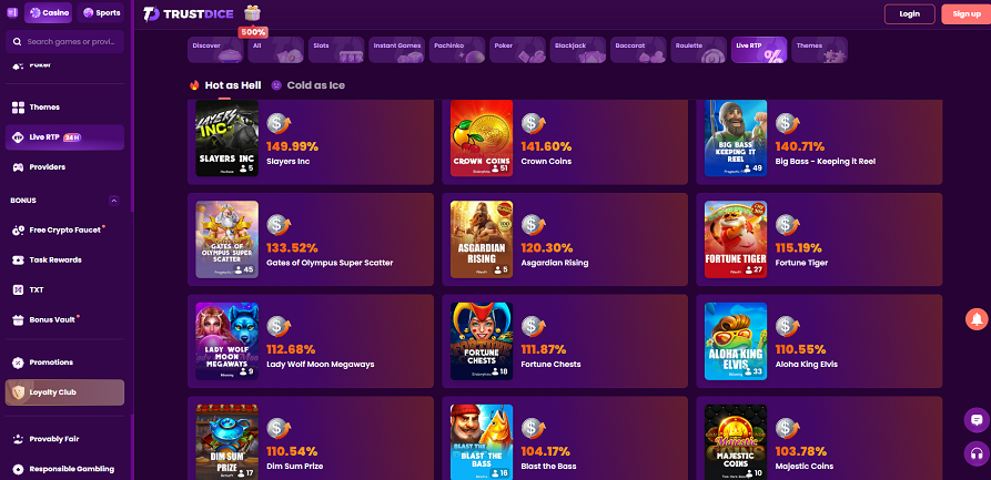 TrustDice casino live RTP