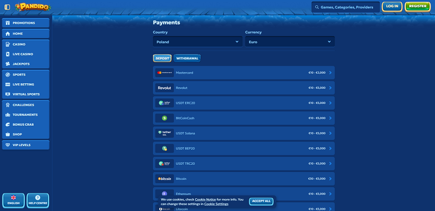 Payment methods pandino casino