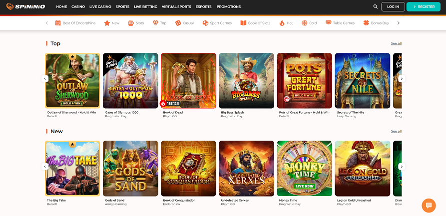 Spininio casino homepage