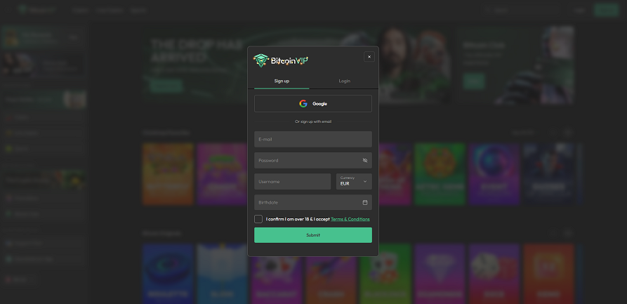 BitcoinVIP Casino registration form
