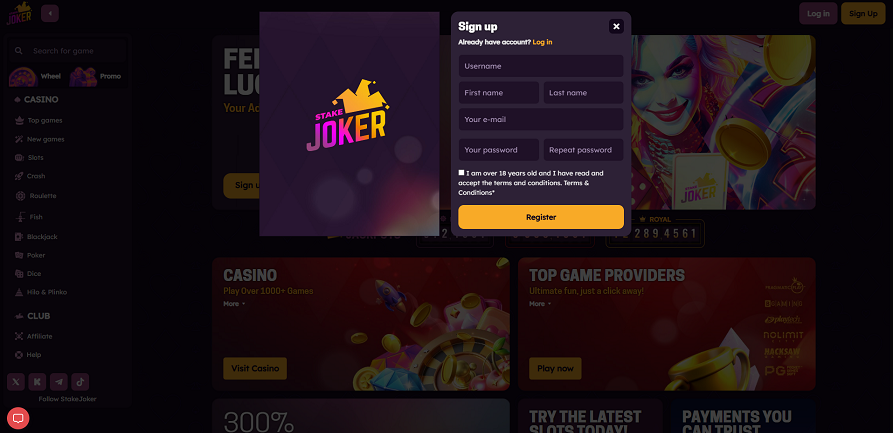StakeJoker casino registration form
