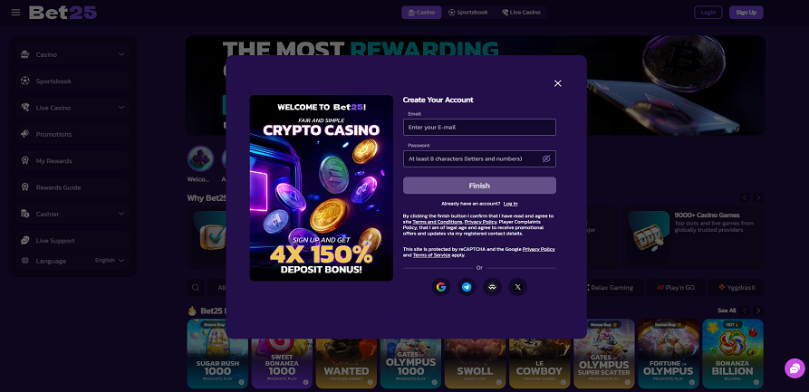 Bet25 Casino registration form