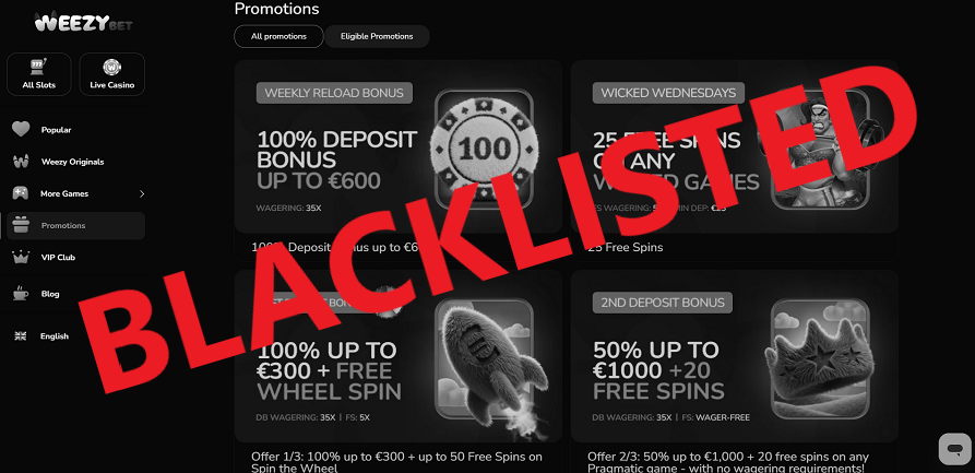 Weezybet casino blacklisted at topbookie