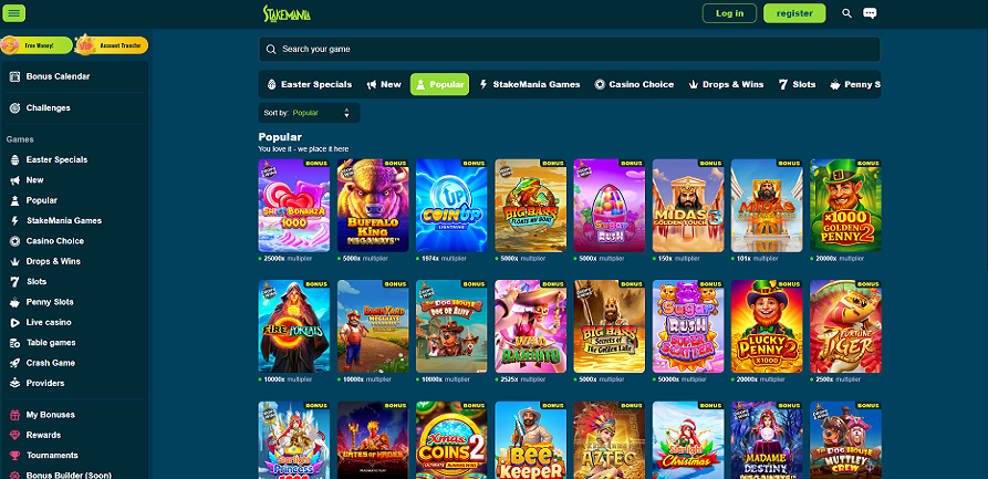 StakeMania casino popular slots