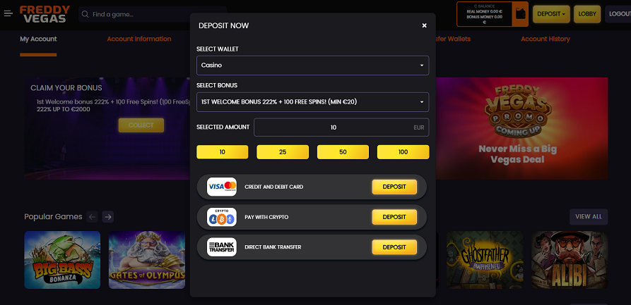 Freddy Vegas casino payment methods