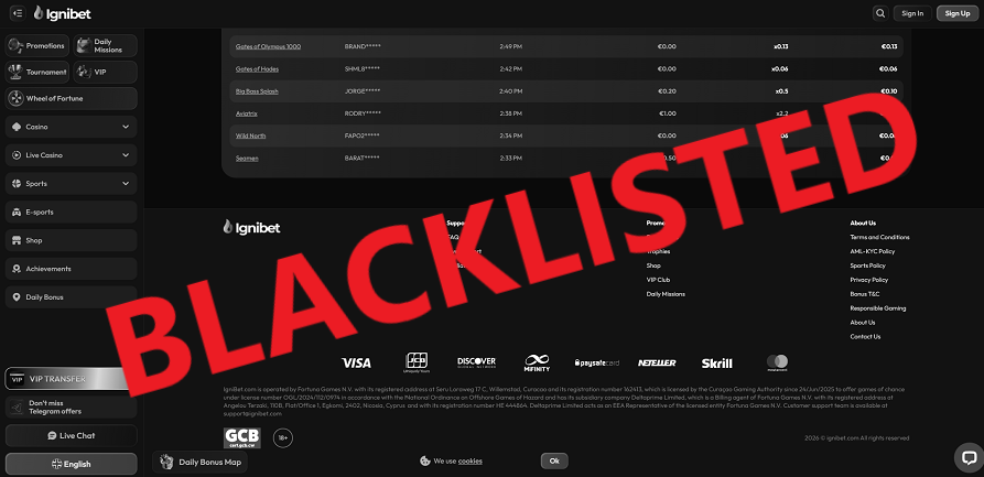 Ignibet casino blacklisted at topbookie.bet