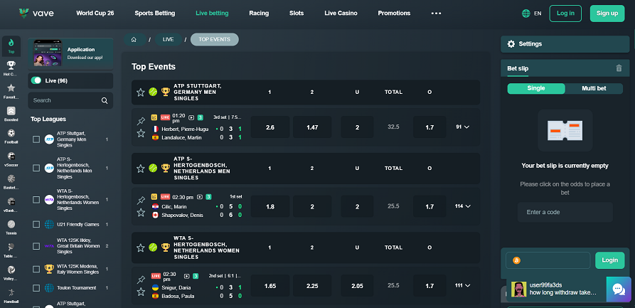 vave casino live betting