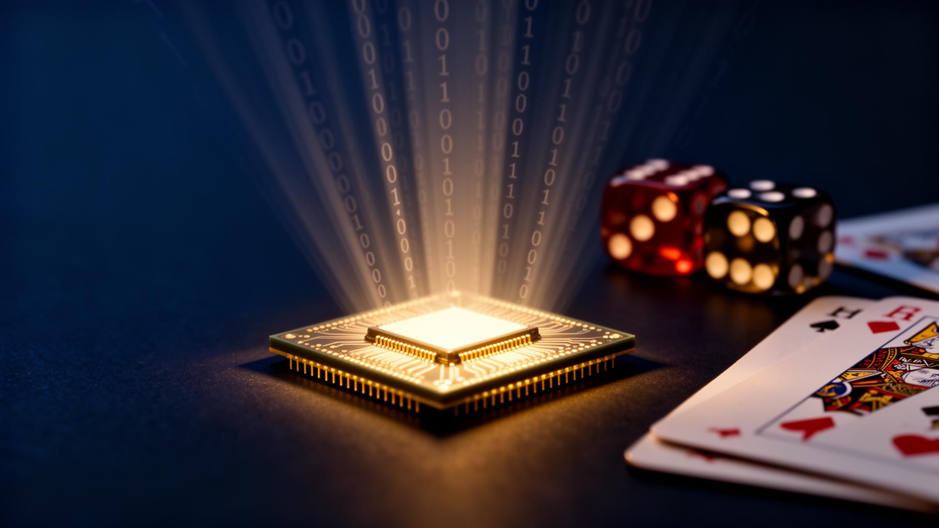Random Number Generator concept showing binary code, casino dice, and playing cards illustrating fair play technology in online casinos